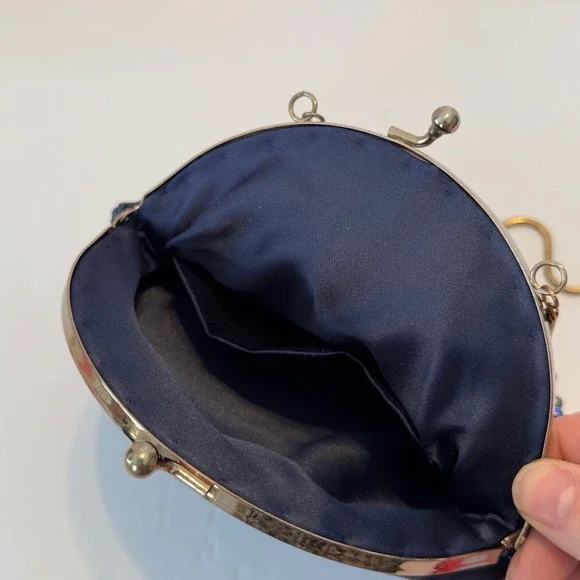 Vintage Navy Blue Satin Beaded Fringe Evening Bag Iridescent Oil Slick Kiss Lock - Picture 11 of 11